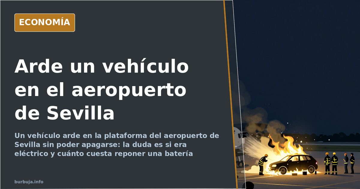 Vehículo envuelto en llamas en la plataforma del aeropuerto, con aviones al fondo