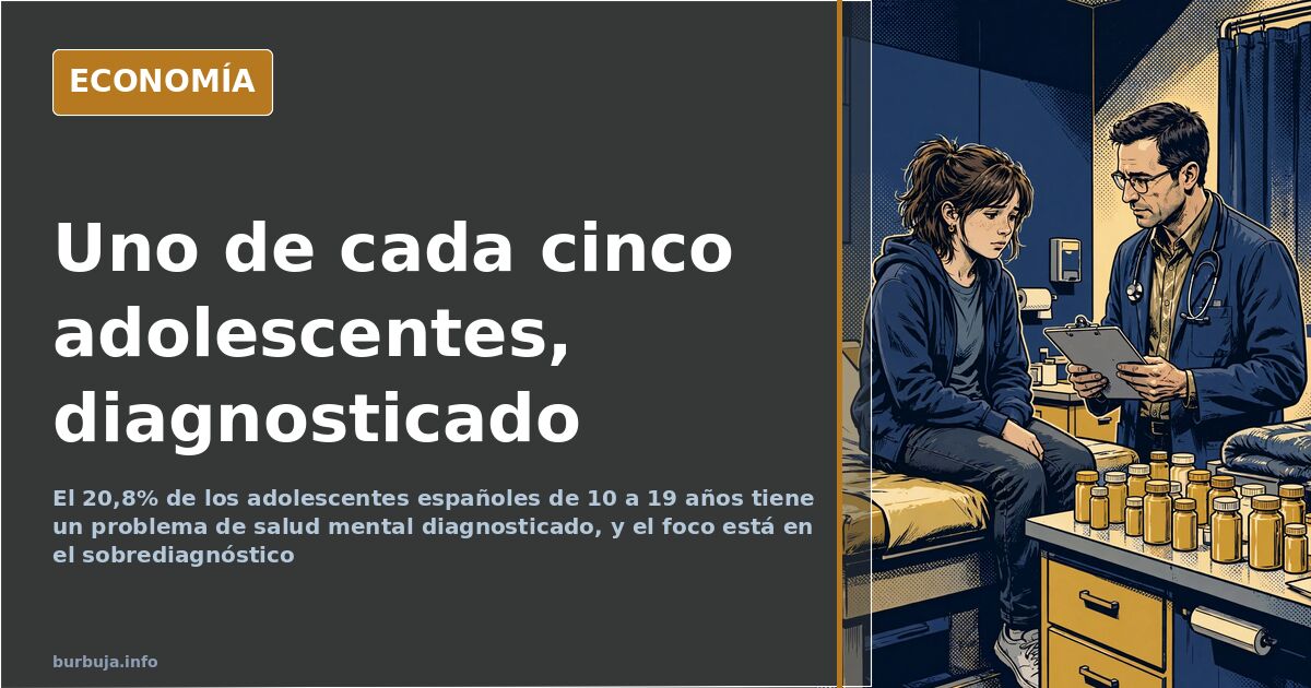 Ilustración editorial de una consulta sobre salud mental adolescente con frascos de medicación y una silla vacía