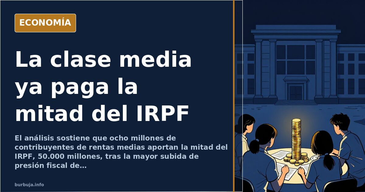 Ilustración editorial de la clase media española bajo una lluvia de recibos y gráficos de presión fiscal