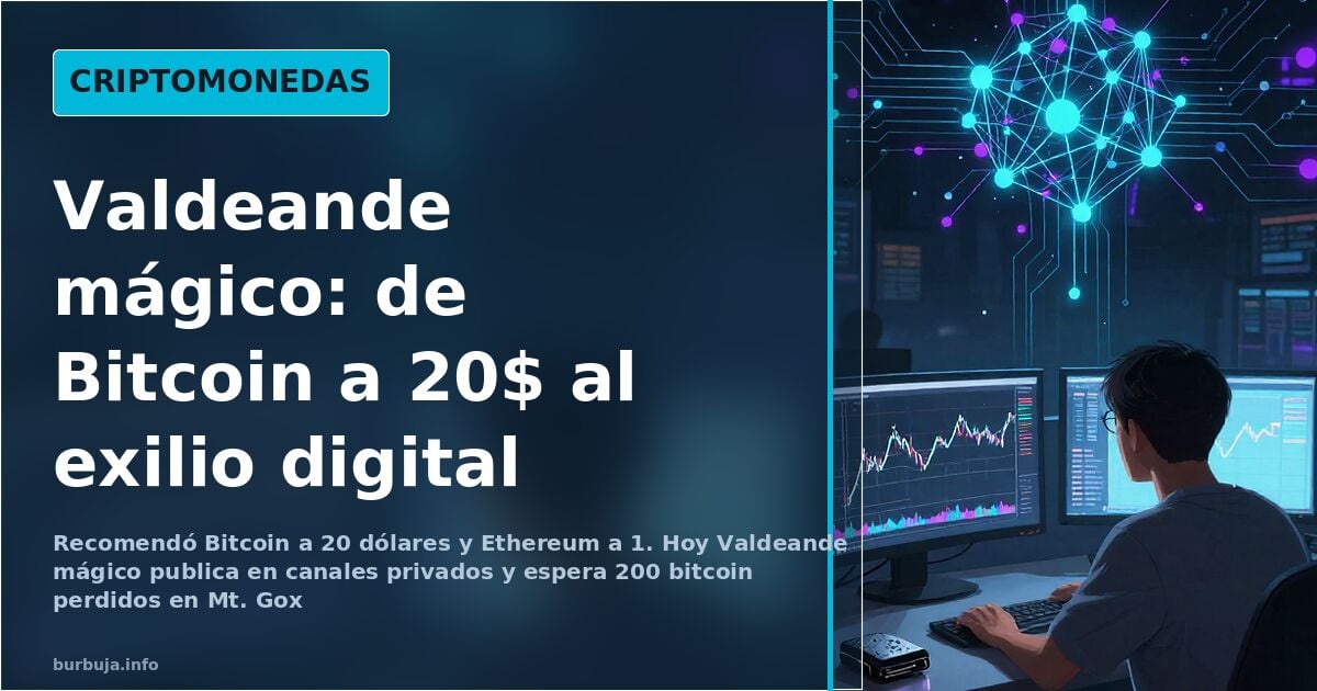 Ilustración de nodos de blockchain en cian y violeta sobre fondo oscuro representando la trayectoria del divulgador Valdeande