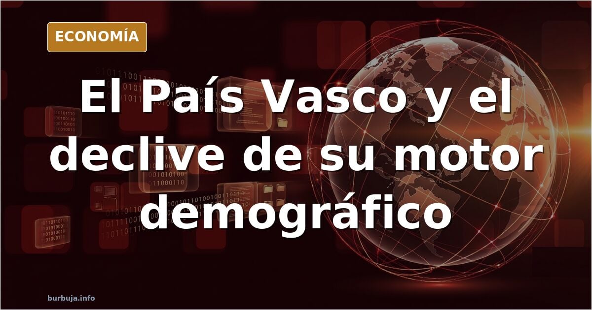 Ilustración editorial en azul marino y oro con una curva descendente que simboliza el declive demográfico del País Vasco y la