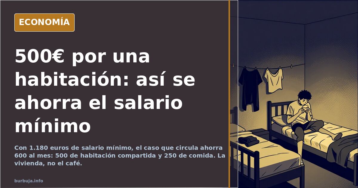 Habitación compartida con cama y escritorio junto a una tabla de gastos mensuales de un salario mínimo