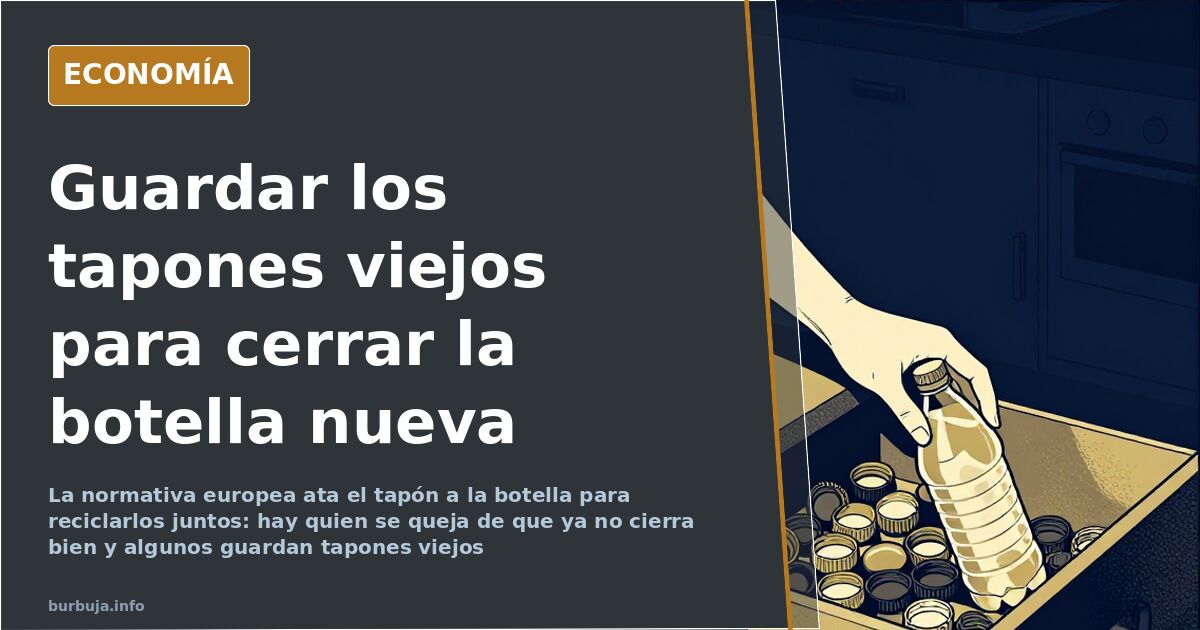 Botella de agua de plástico con el tapón unido al envase, apoyada junto a varios tapones antiguos sueltos sobre una mesa