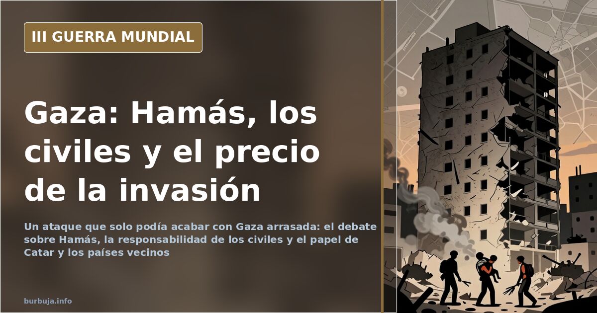 Mapa en tonos desaturados de la franja de Gaza con siluetas de edificios destruidos y humo lejano en el horizonte