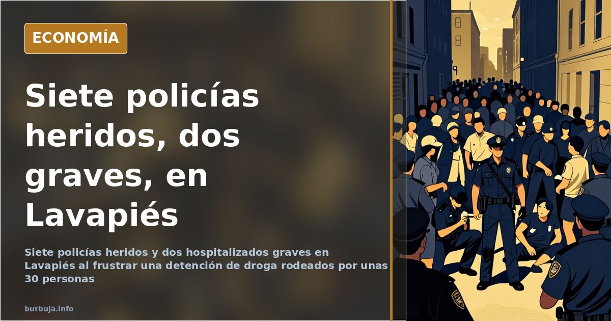 Plaza urbana de noche con agentes de policía estableciendo un perímetro tras los incidentes de Lavapiés en Madrid