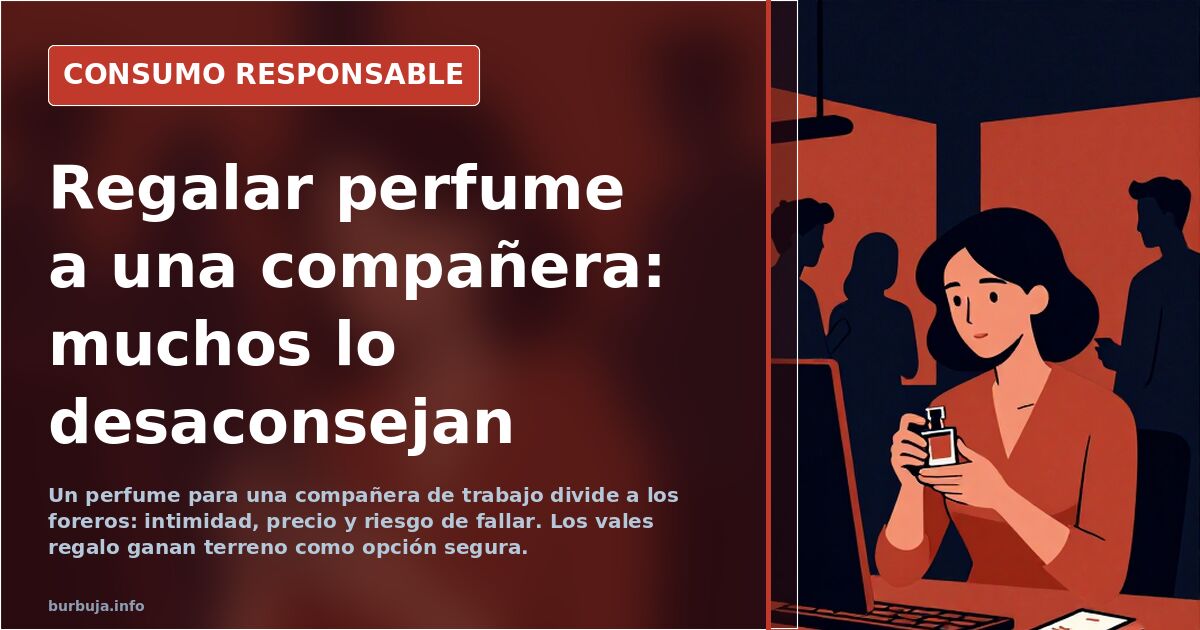 Frasco de perfume de mujer sobre fondo neutro, símbolo del regalo profesional que genera dudas