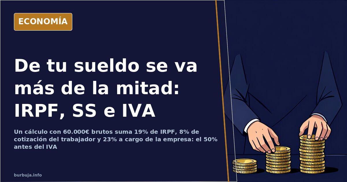 Ilustración editorial de una nómina desglosada en IRPF, cotizaciones sociales e IVA sobre fondo azul marino
