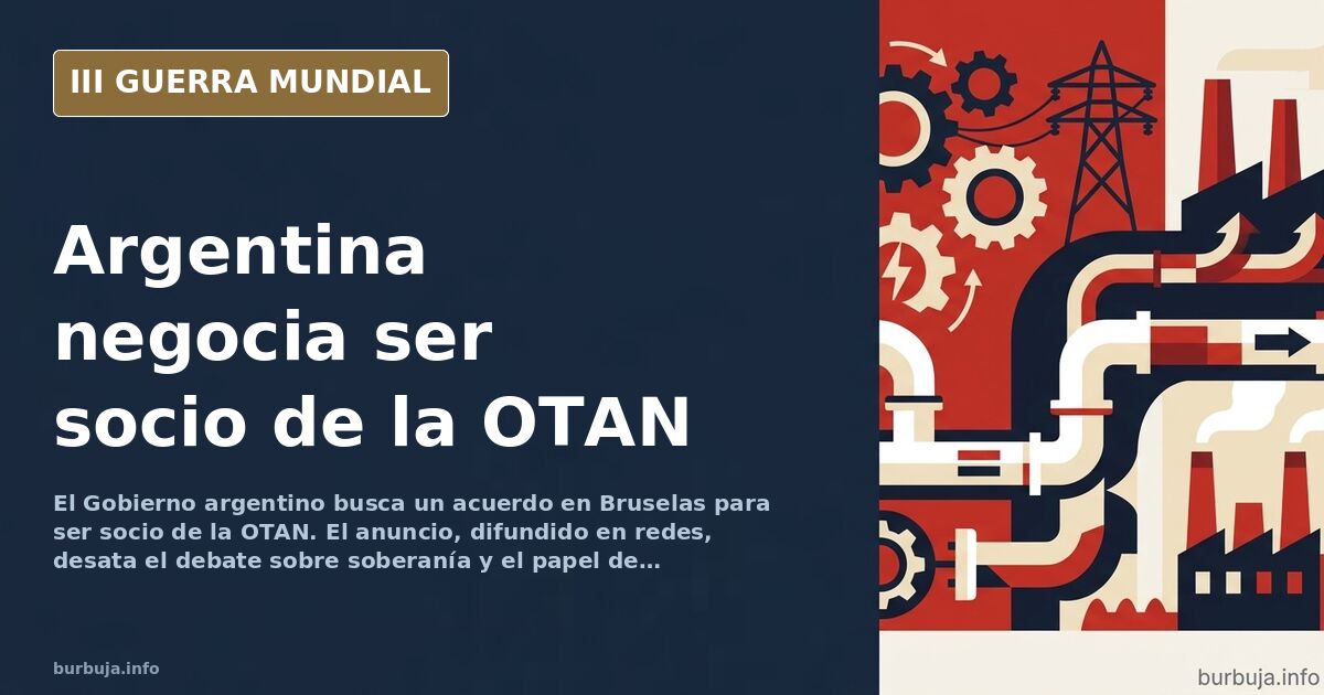 Silueta de Argentina sobre un mapa del Atlántico Norte con la bandera de la OTAN difuminada al fondo
