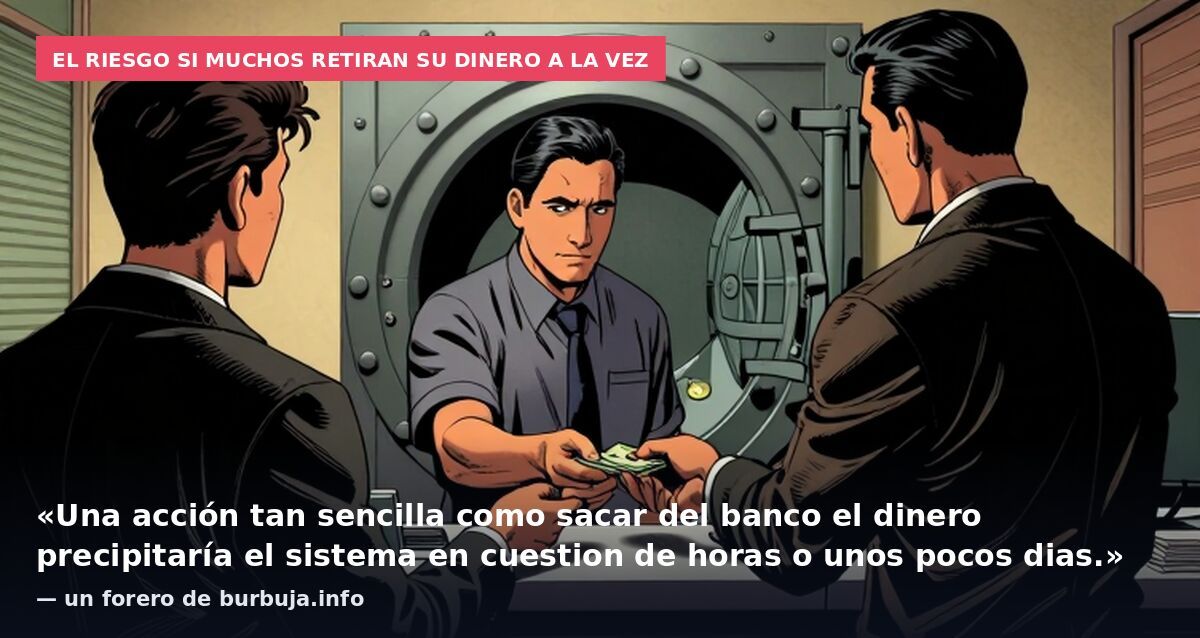 El riesgo si muchos retiran su dinero a la vez: «Una acción tan sencilla como sacar del banco el dinero precipitaría el sistema en cuestion de horas o unos pocos dias.» — un forero de burbuja.info