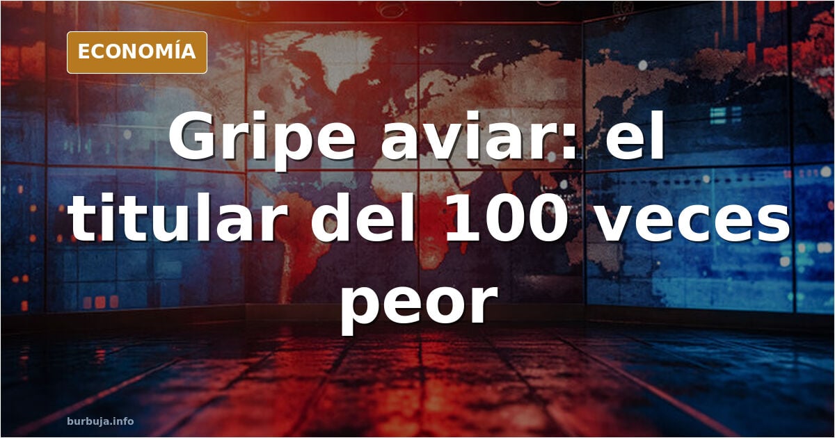 Ilustración editorial sobre la gripe aviar H5N1 con aves de corral y gráficos de mortalidad frente a titulares de alarma