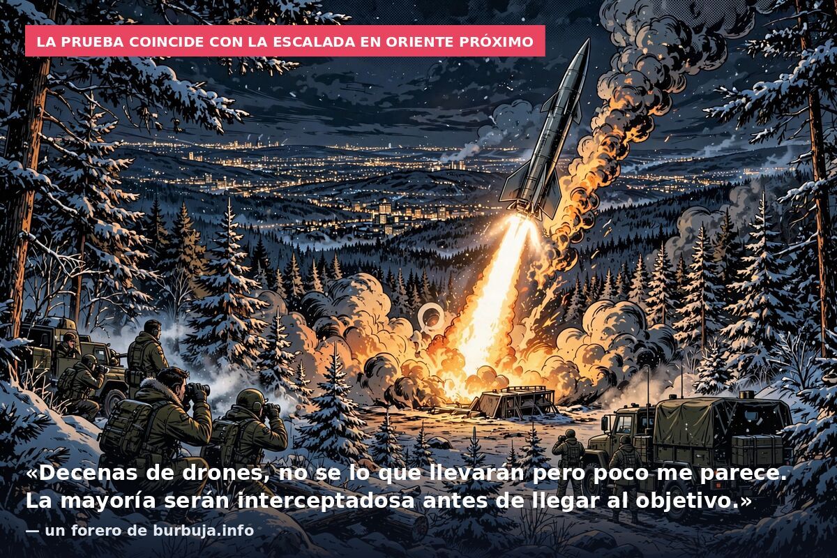 La prueba coincide con la escalada en Oriente Próximo: «Decenas de drones, no se lo que llevarán pero poco me parece. La mayoría serán interceptadosa antes de llegar al objetivo.» — un forero de burbuja.info