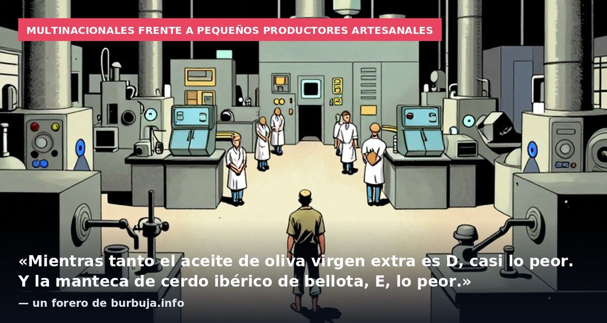 Multinacionales frente a pequeños productores artesanales: «Mientras tanto el aceite de oliva virgen extra es D, casi lo peor. Y la manteca de cerdo ibérico de bellota, E, lo peor.» — un forero de burbuja.info