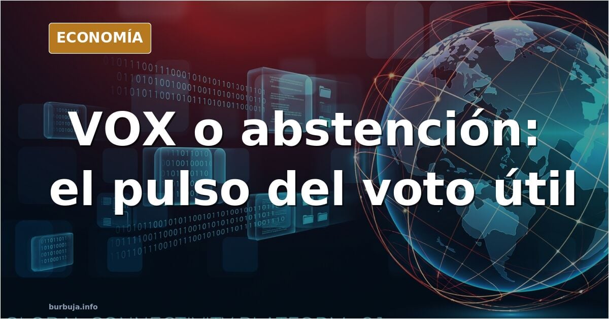 Ilustración editorial de una urna con papeletas divididas entre votar a VOX y la abstención, en tonos azul marino y dorado
