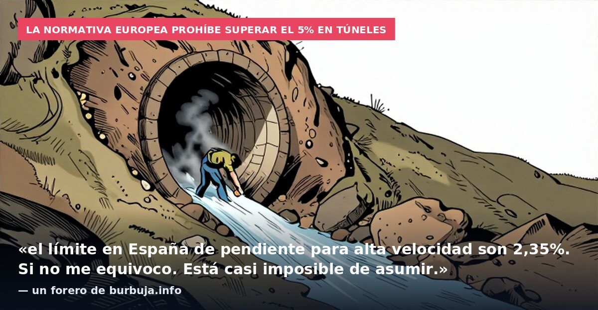 La normativa europea prohíbe superar el 5% en túneles: «el límite en España de pendiente para alta velocidad son 2,35%. Si no me equivoco. Está casi imposible de asumir.» — un forero de burbuja.info
