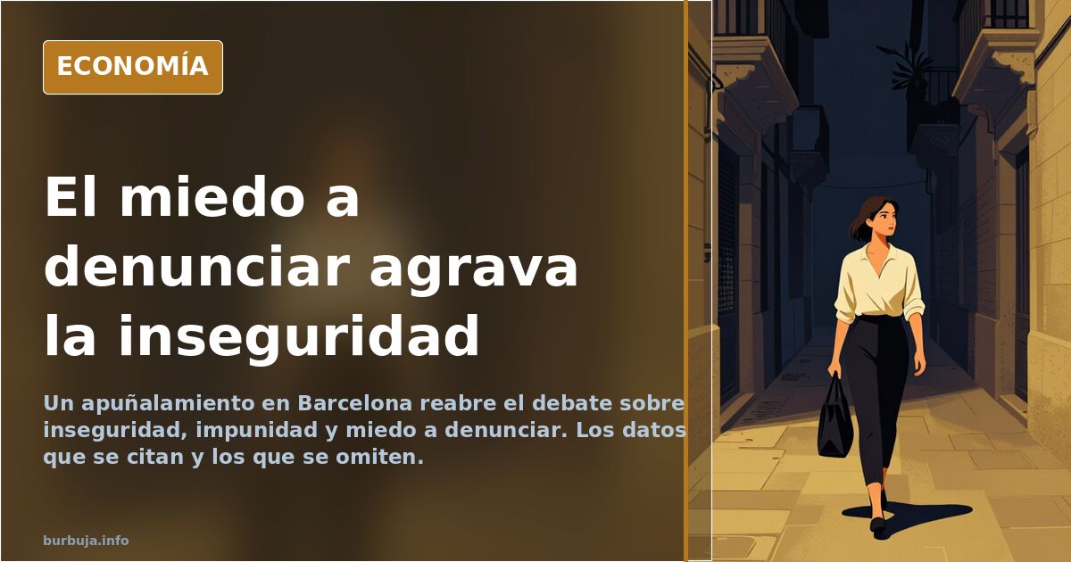 Ilustración editorial de una calle urbana nocturna con viandantes que evitan mirar una agresión, en tonos azul marino y dorad