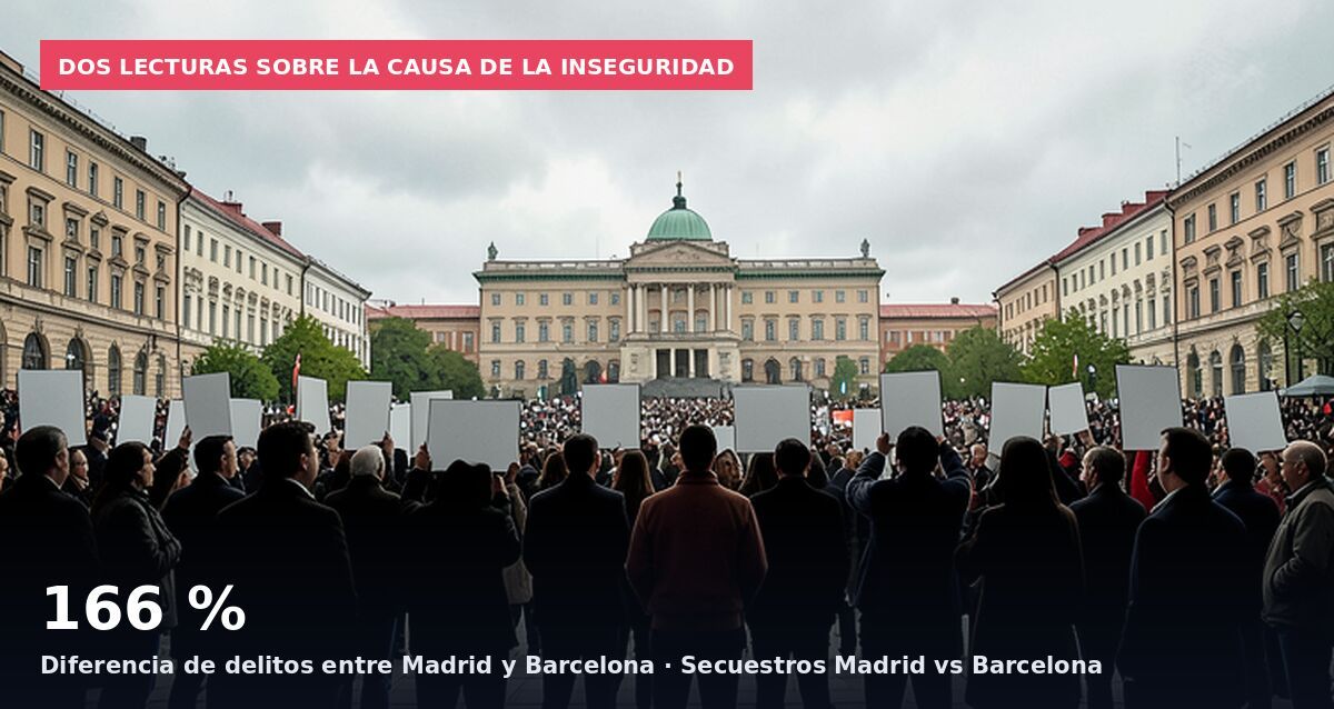 Dos lecturas sobre la causa de la inseguridad: 166 % Diferencia de delitos entre Madrid y Barcelona · Secuestros Madrid vs Barcelona