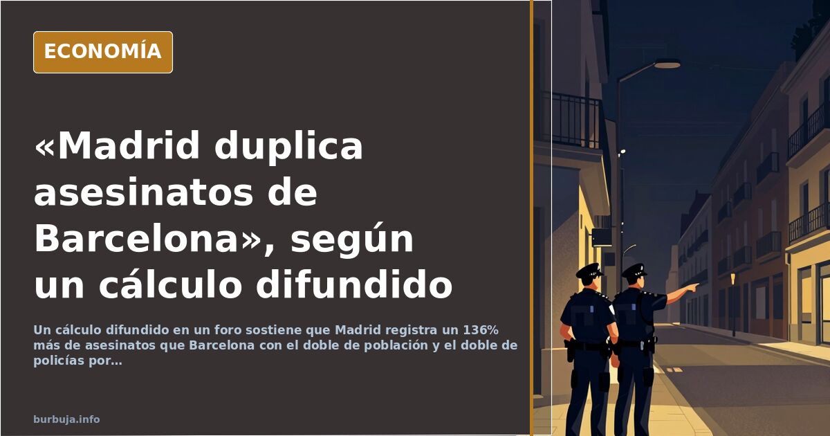 Vista aérea nocturna de una gran ciudad española con rascacielos iluminados y estadísticas de criminalidad superpuestas