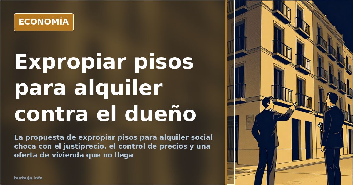Edificio de viviendas con cartel de alquiler, ilustración sobre la expropiación de pisos para alquiler social