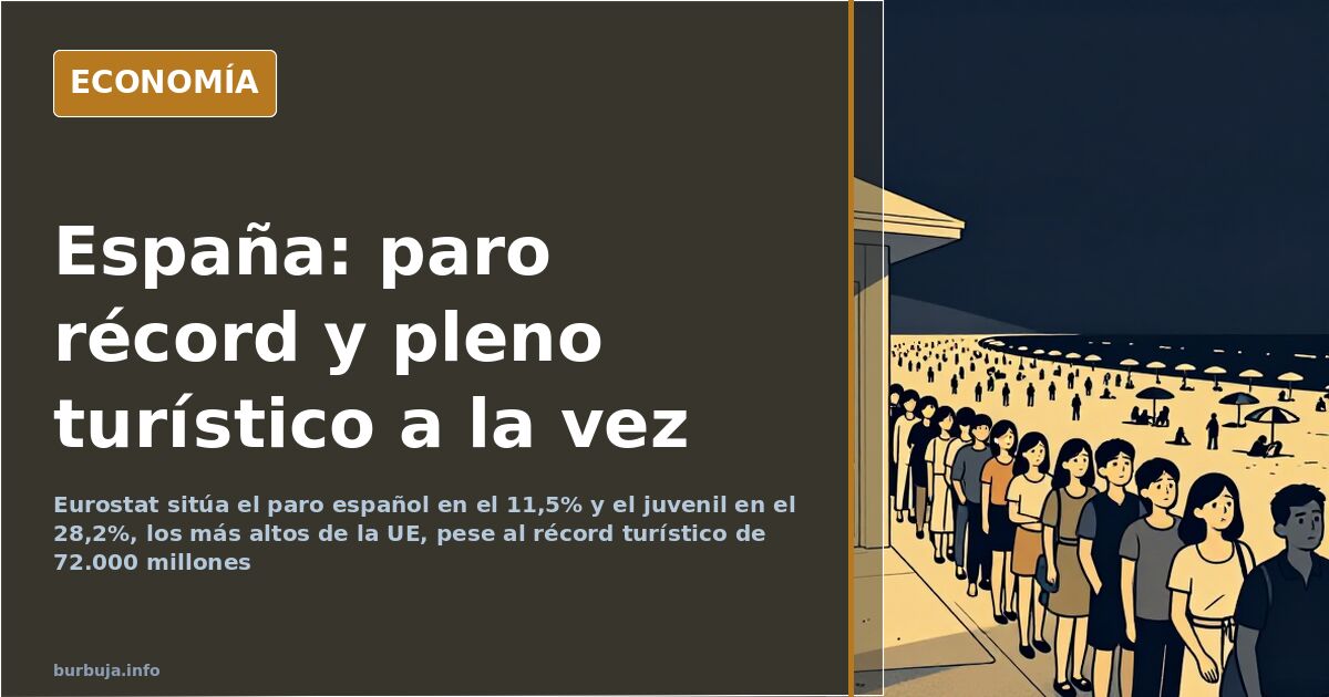 Personas esperando en una oficina de empleo con gráficos de la tasa de paro de España frente a la media de la Unión Europea