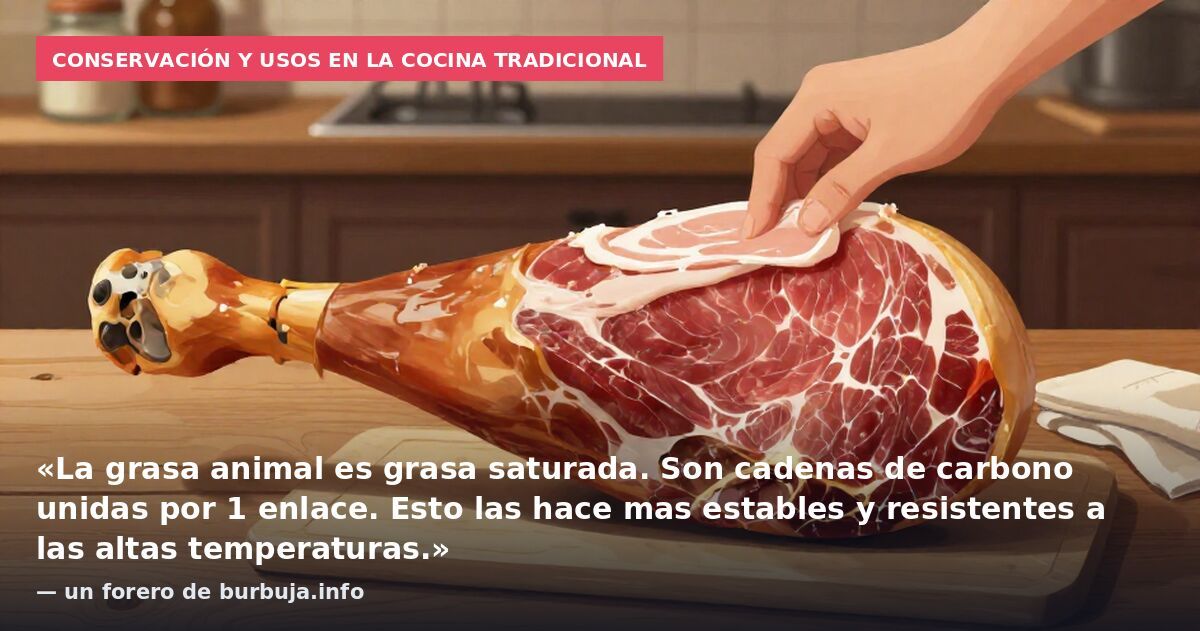 Conservación y usos en la cocina tradicional: «La grasa animal es grasa saturada. Son cadenas de carbono unidas por 1 enlace. Esto las hace mas estables y resistentes a las altas temperaturas.» — un forero de burbuja.info