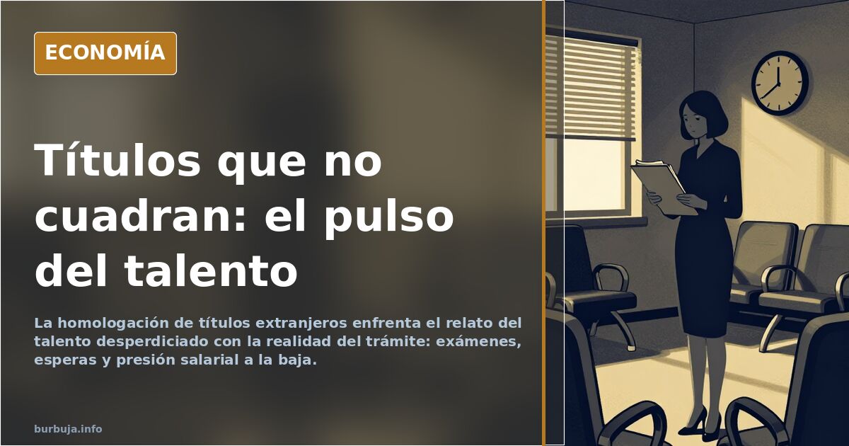 Ilustración editorial de un mostrador administrativo con expedientes apilados y un título universitario extranjero sin sello 