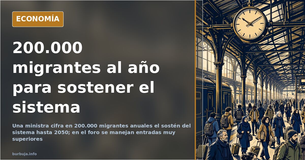 Ilustración editorial sobre la política migratoria española y el sostenimiento del sistema de pensiones con 200.000 migrantes