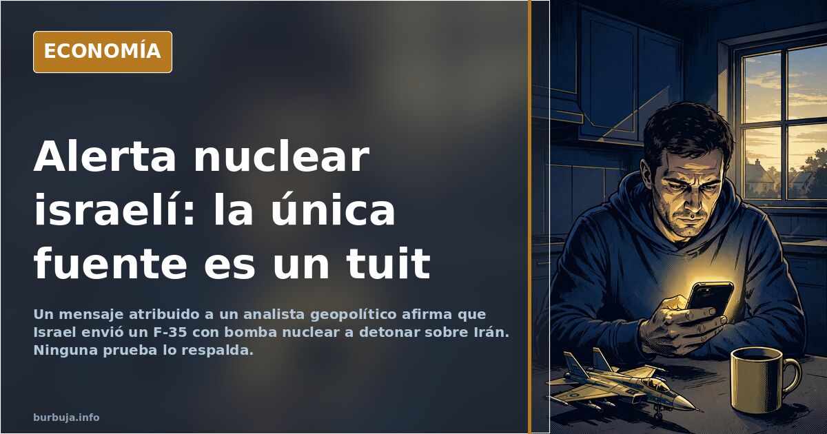 Ilustración editorial de un caza F-35 sobre un mapa nocturno con alerta nuclear y un tuit sin verificar