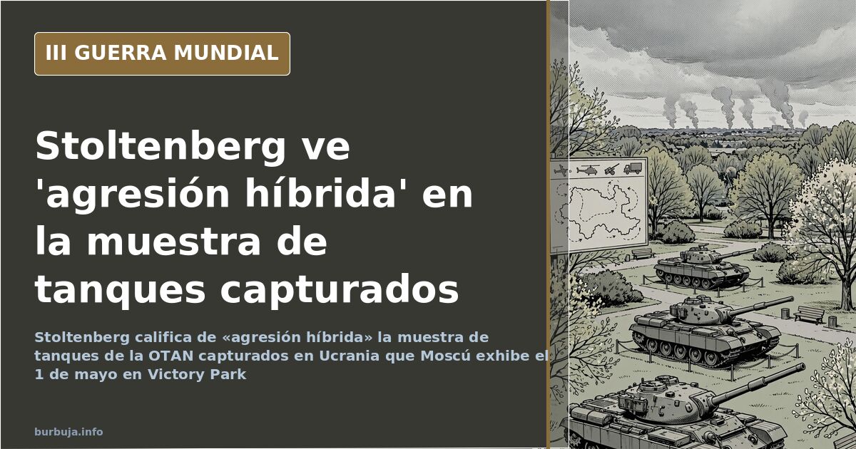Ilustración documental de un tanque Leopard capturado expuesto en un parque de Moscú con siluetas de blindados al fondo