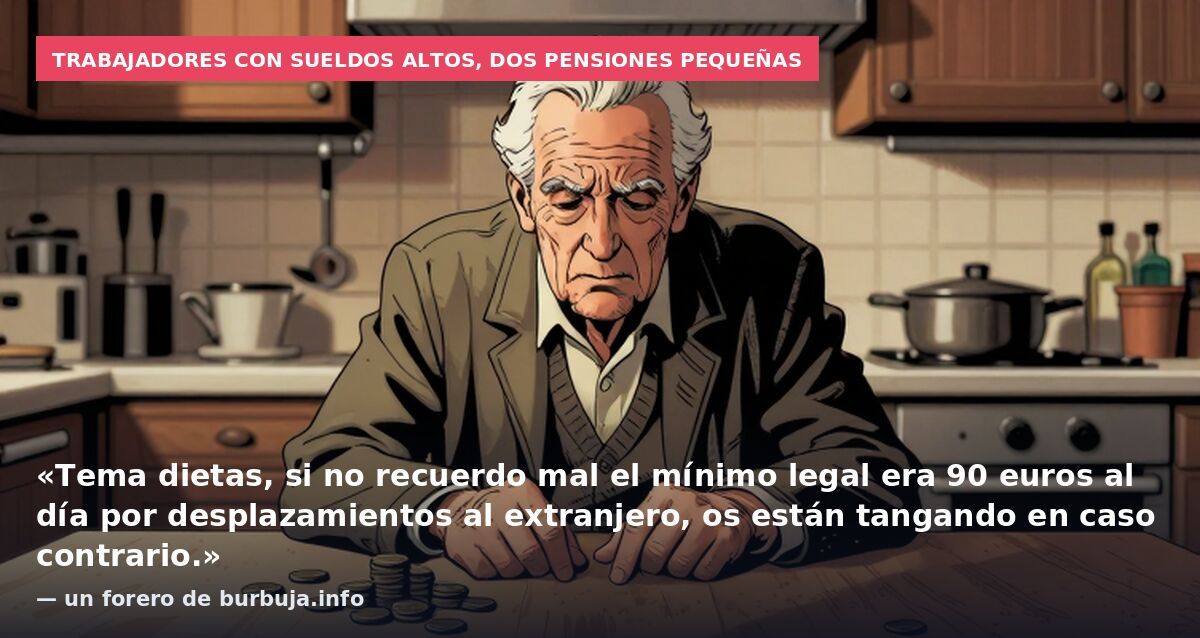 Trabajadores con sueldos altos, dos pensiones pequeñas: «Tema dietas, si no recuerdo mal el mínimo legal era 90 euros al día por desplazamientos al extranjero, os están tangando en caso contrario.» — un forero de burbuja.info