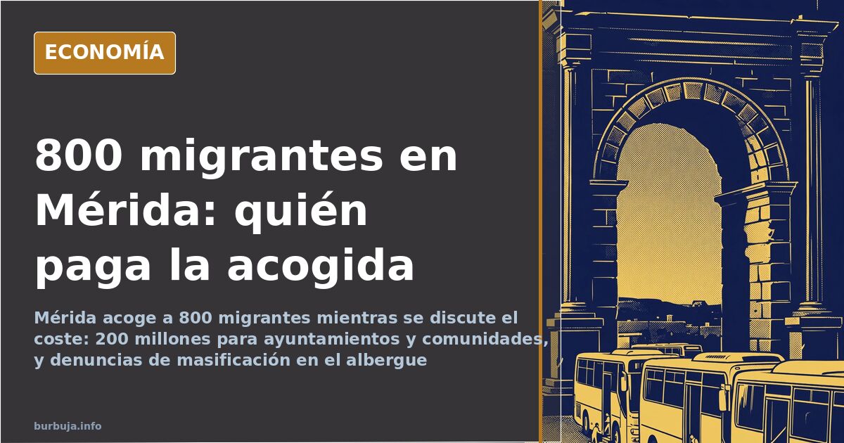 Autobuses aparcados en una calle de Mérida junto a migrantes llegados al albergue y al patrimonio romano de la ciudad
