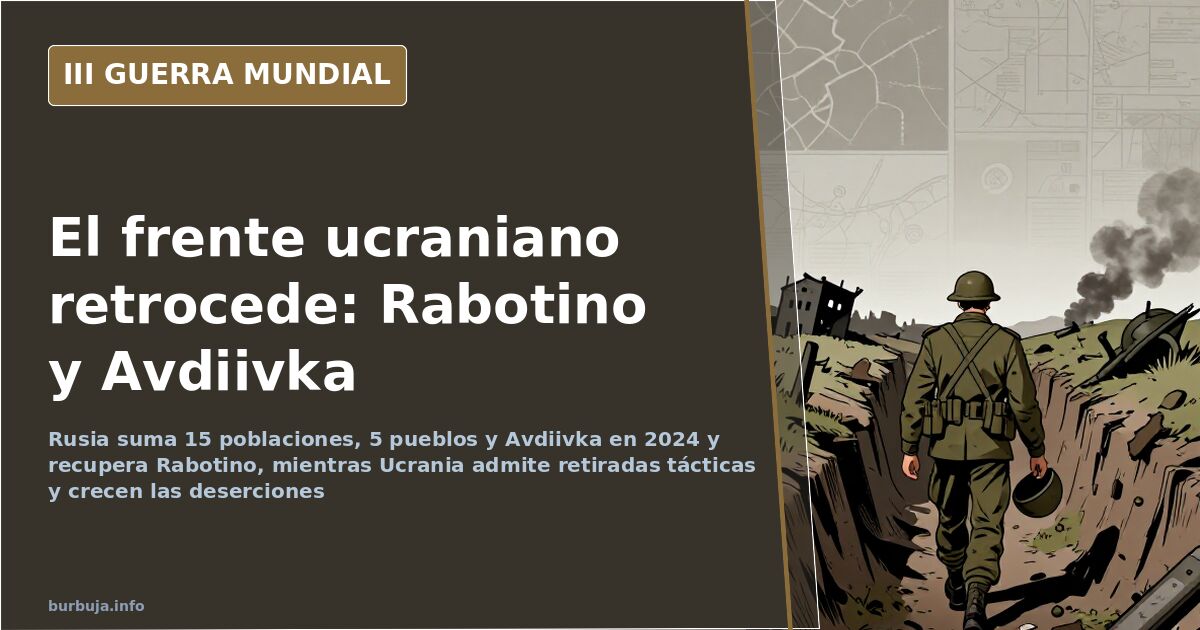 Mapa del frente ucraniano con localidades tomadas por Rusia en 2024, entre ellas Avdiivka y Rabotino, y siluetas de blindados