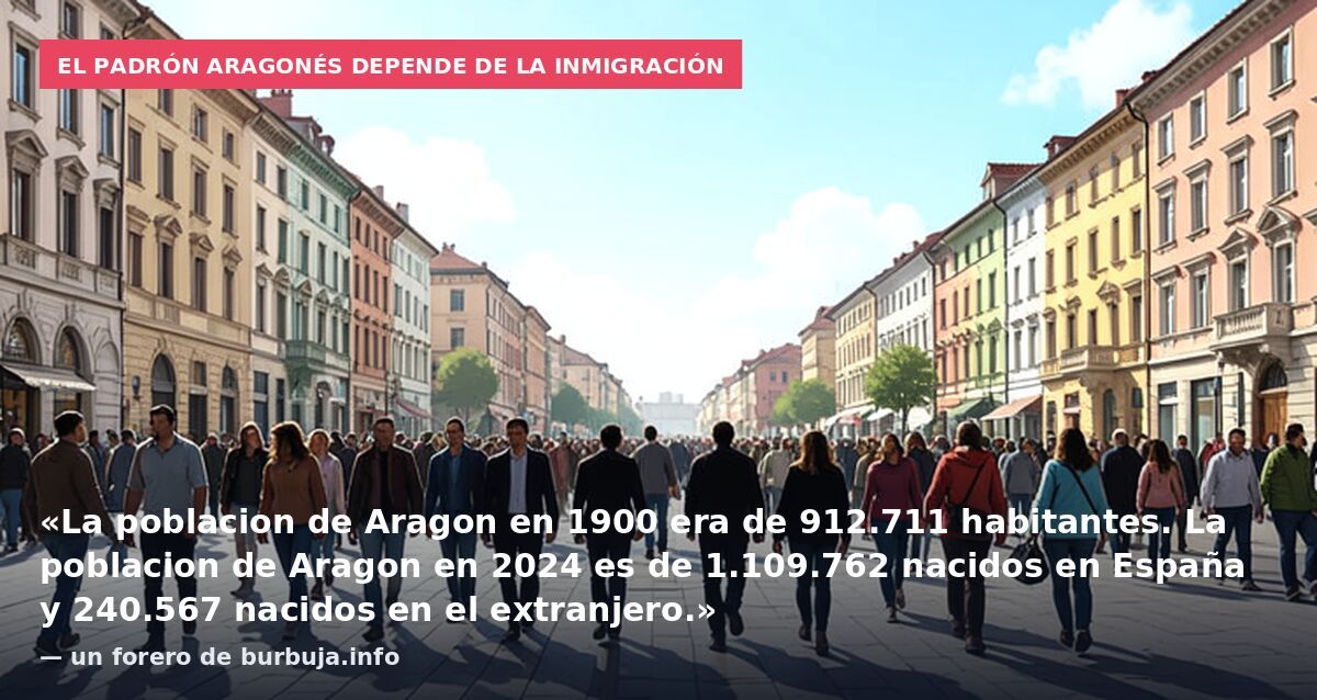 El padrón aragonés depende de la inmigración: «La poblacion de Aragon en 1900 era de 912.711 habitantes. La poblacion de Aragon en 2024 es de 1.109.762 nacidos en España y 240.567 nacidos en el extranjero.» — un forero de burbuja.info