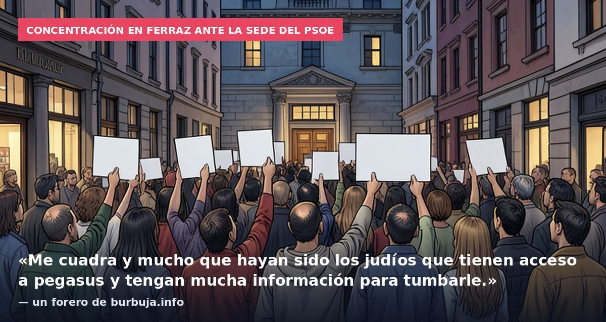 Concentración en Ferraz ante la sede del PSOE: «Me cuadra y mucho que hayan sido los judíos que tienen acceso a pegasus y tengan mucha información para tumbarle.» — un forero de burbuja.info