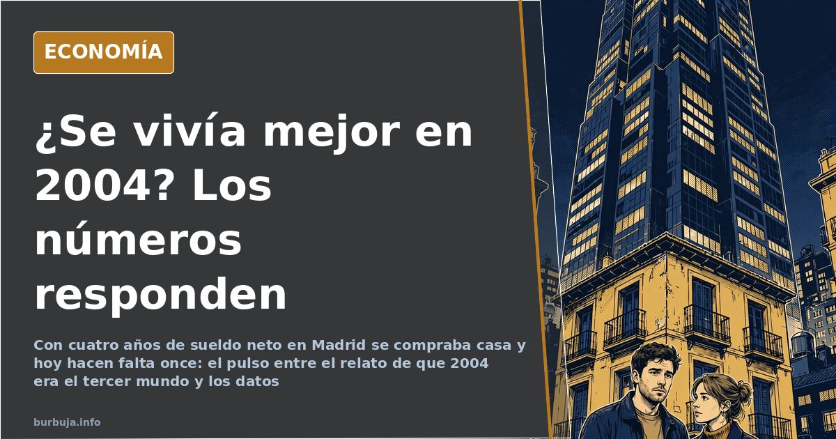 Ilustración editorial con un cartel de venta de vivienda, una tele de tubo y un móvil: el debate sobre si se vivía mejor en 2