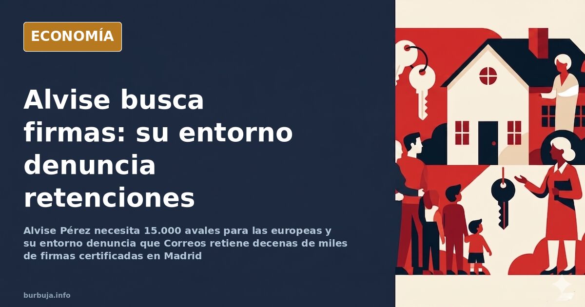 Ilustración editorial de sobres certificados apilados sobre una mesa de recuento de firmas para las elecciones europeas