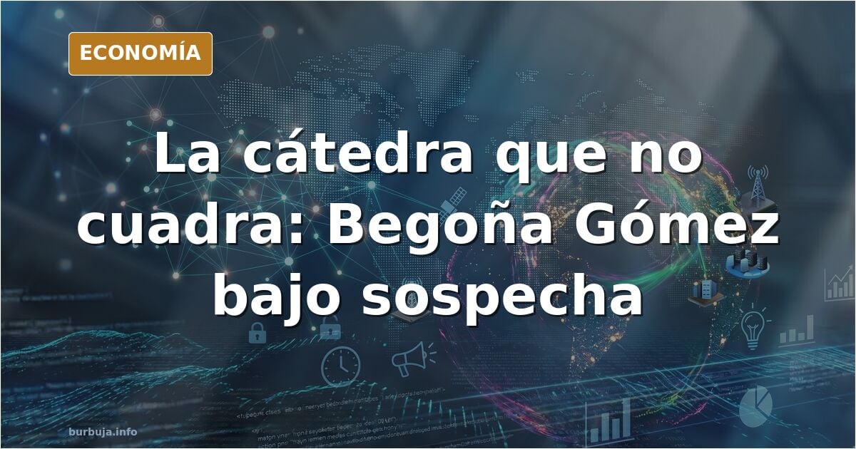 Ilustración editorial de una cátedra universitaria vacía bajo focos, símbolo del caso Begoña Gómez y su cátedra sin titulació