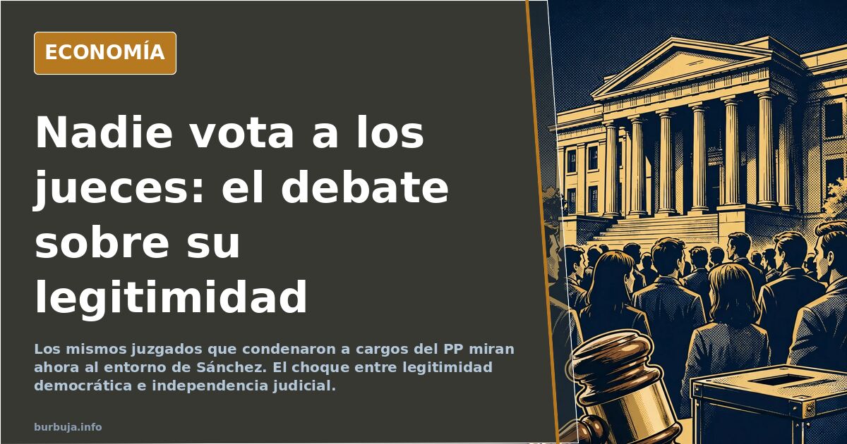 Ilustración editorial de una balanza judicial dorada sobre fondo azul oscuro junto a una urna de votos cerrada, símbolo de la