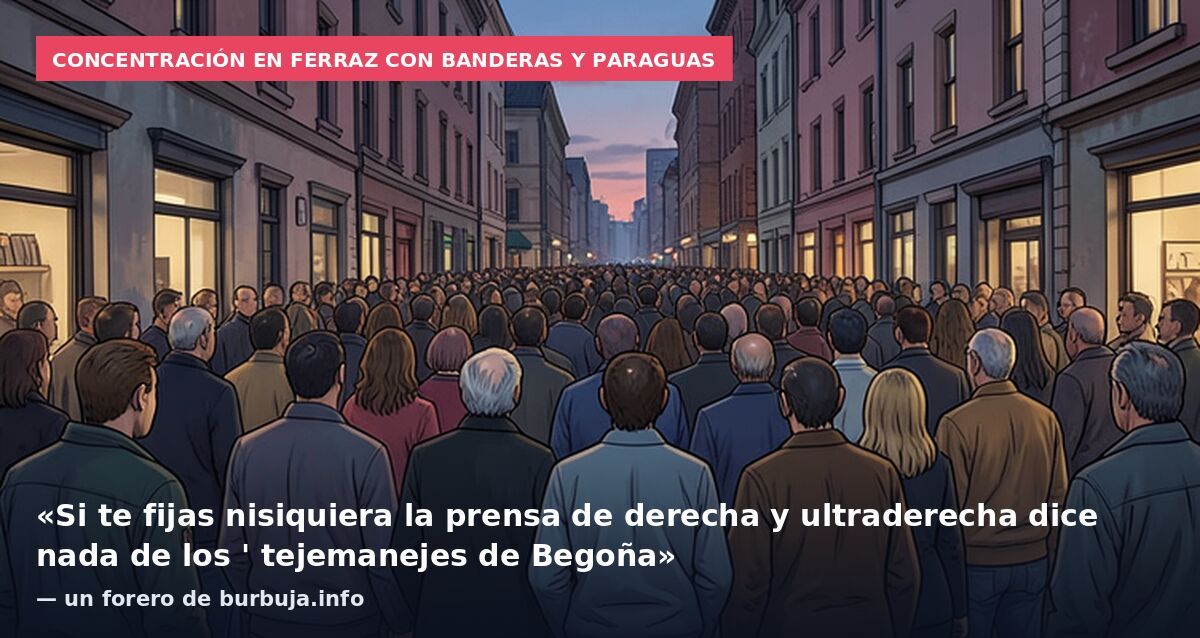 Concentración en Ferraz con banderas y paraguas: «Si te fijas nisiquiera la prensa de derecha y ultraderecha dice nada de los ' tejemanejes de Begoña» — un forero de burbuja.info