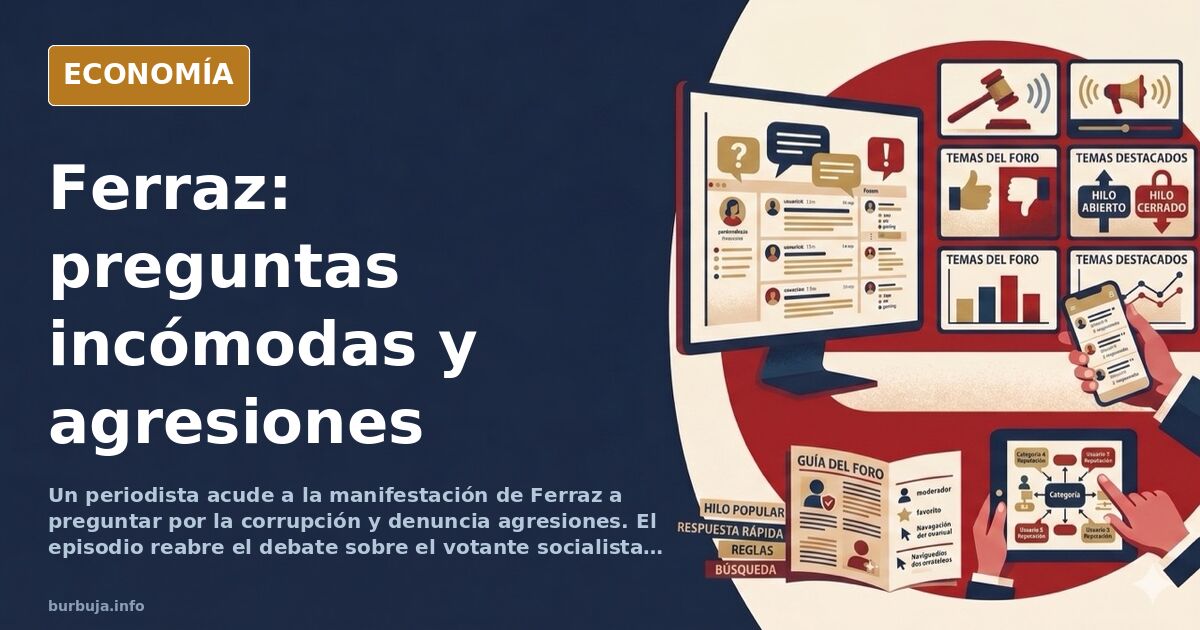 Ilustración editorial de una concentración frente a una sede política con un periodista preguntando entre empujones