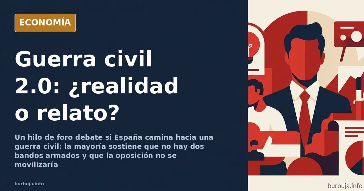Ilustración editorial de un mapa de España dividido por una grieta, con figuras enfrentadas en tonos azul marino y dorado