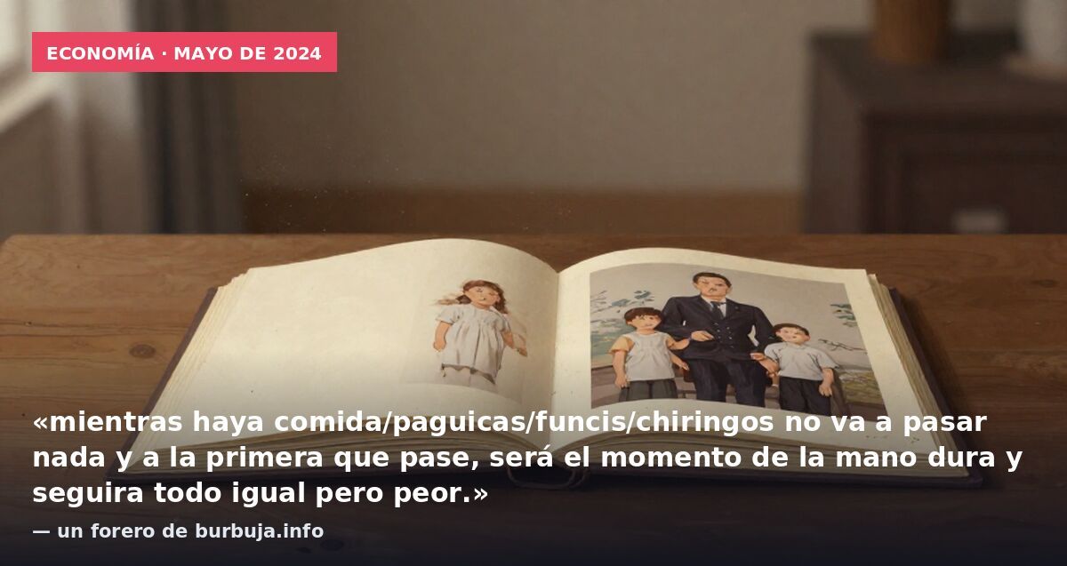 Economía · mayo de 2024: «mientras haya comida/paguicas/funcis/chiringos no va a pasar nada y a la primera que pase, será el momento de la mano dura y seguira todo igual pero peor.» — un forero de burbuja.info