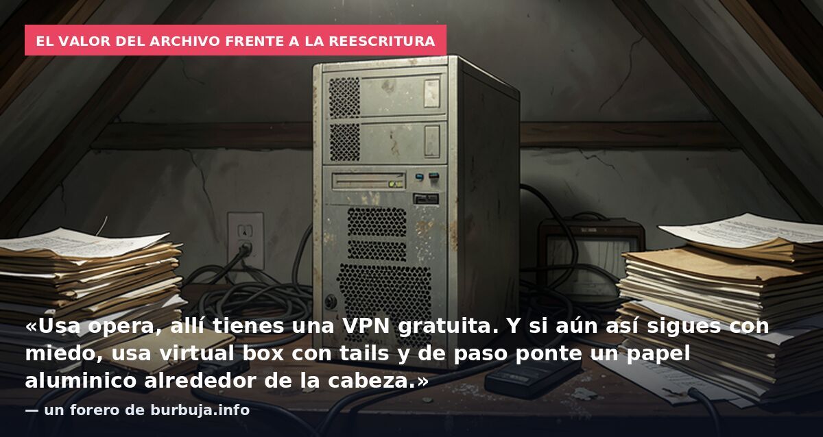 El valor del archivo frente a la reescritura: «Usa opera, allí tienes una VPN gratuita. Y si aún así sigues con miedo, usa virtual box con tails y de paso ponte un papel aluminico alrededor de la cabeza.» — un forero de burbuja.info