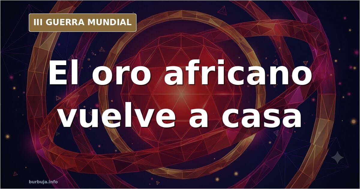 Mapa de África con rutas de repatriación de oro hacia el continente y siluetas de lingotes sobre un fondo de bóvedas estadoun