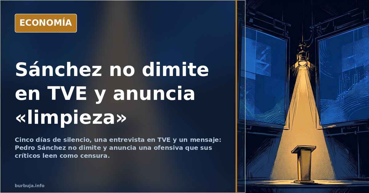 Plató de televisión con pantallas encendidas y atril durante la entrevista de Sánchez en TVE, en tonos azul marino y dorado