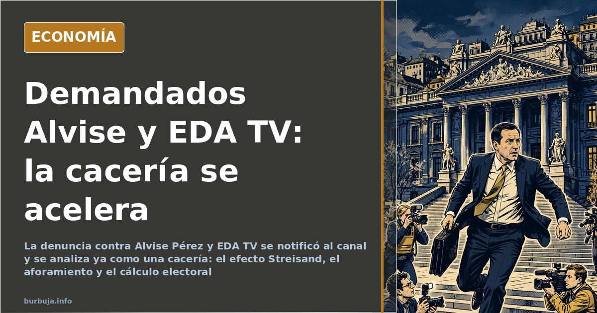 Ilustración editorial de un canal de televisión digital demandado por el Gobierno, con documentos judiciales y un micrófono