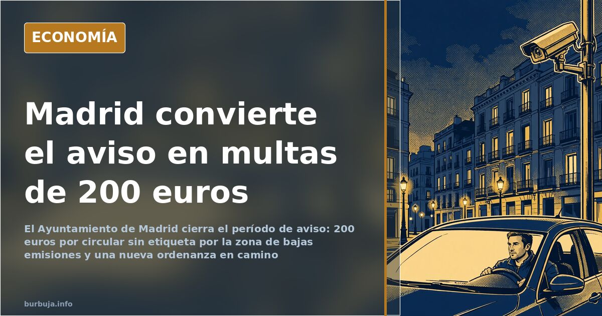 Calle de Madrid con señal de zona de bajas emisiones y un coche sin etiqueta ambiental circulando