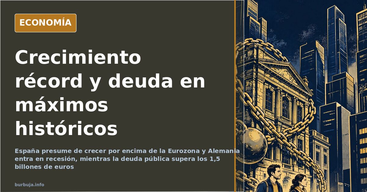 Composición editorial con gráficos del crecimiento del PIB español frente a la Eurozona y la deuda pública al alza