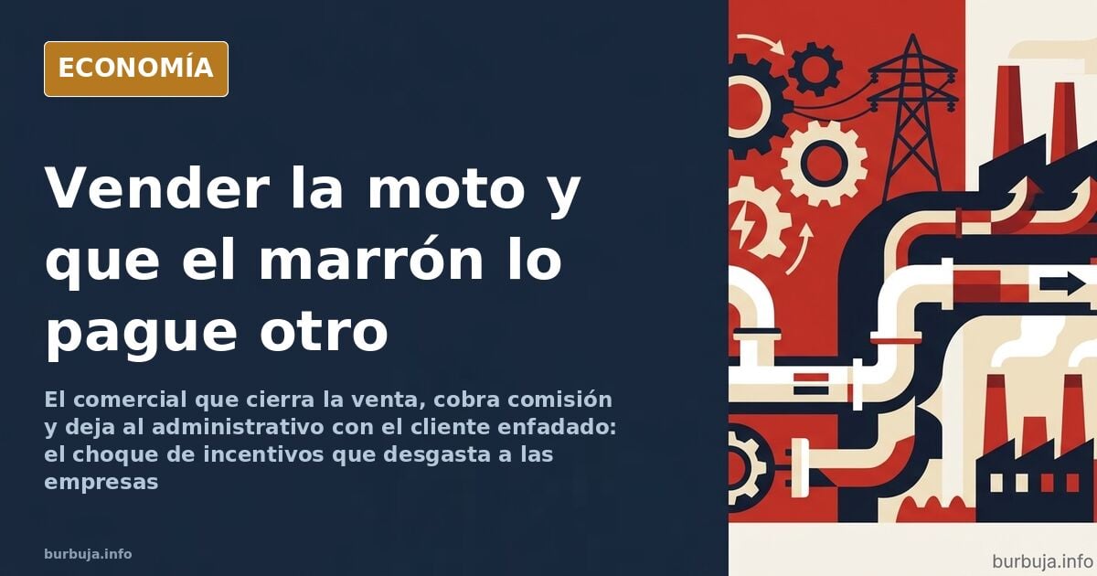 Ilustración editorial de un comercial cerrando un contrato mientras el administrativo recibe la reclamación del cliente