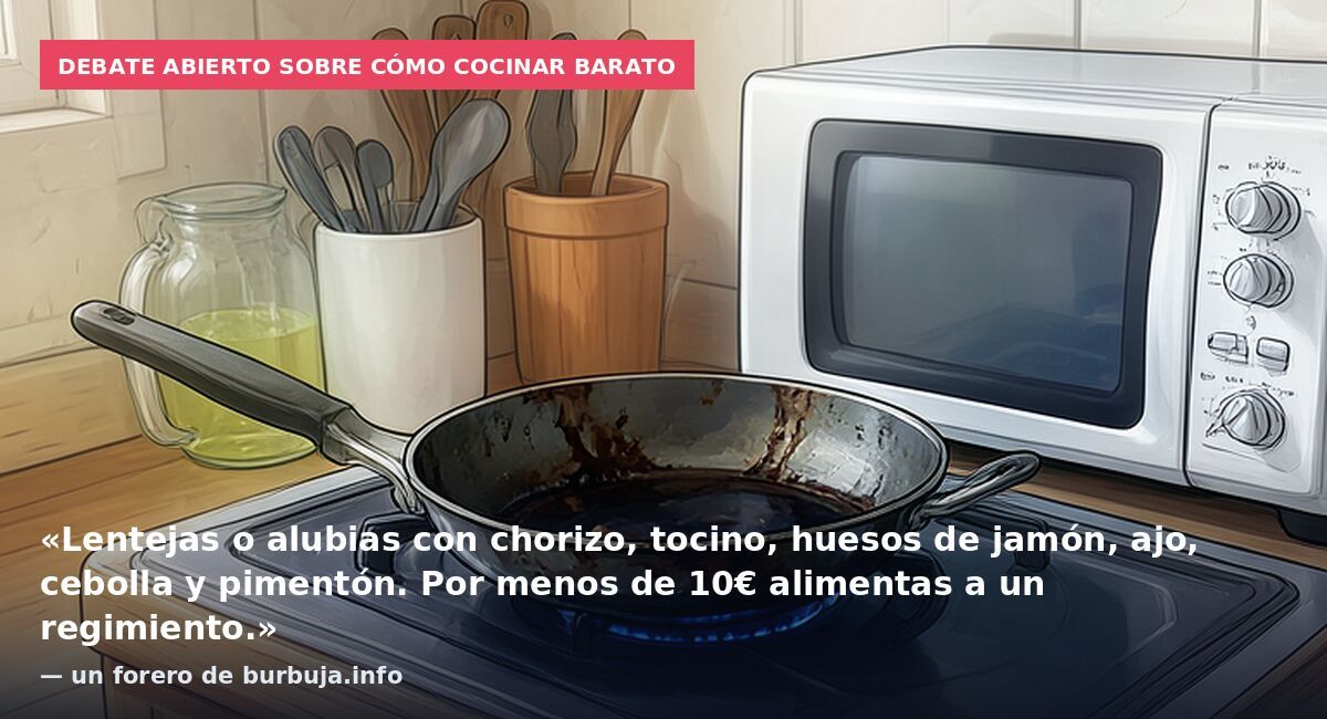 Debate abierto sobre cómo cocinar barato: «Lentejas o alubias con chorizo, tocino, huesos de jamón, ajo, cebolla y pimentón. Por menos de 10€ alimentas a un regimiento.» — un forero de burbuja.info