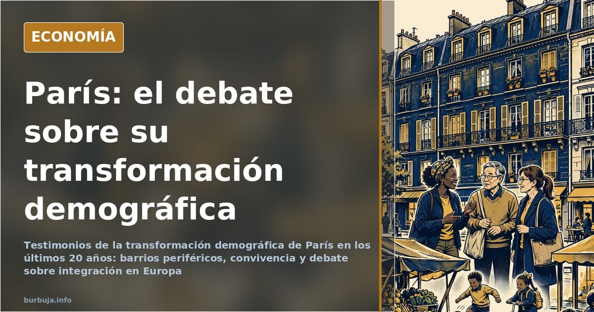 Ilustración editorial de París con la Torre Eiffel y una multitud diversa en la calle, simbolizando el debate sobre la transf